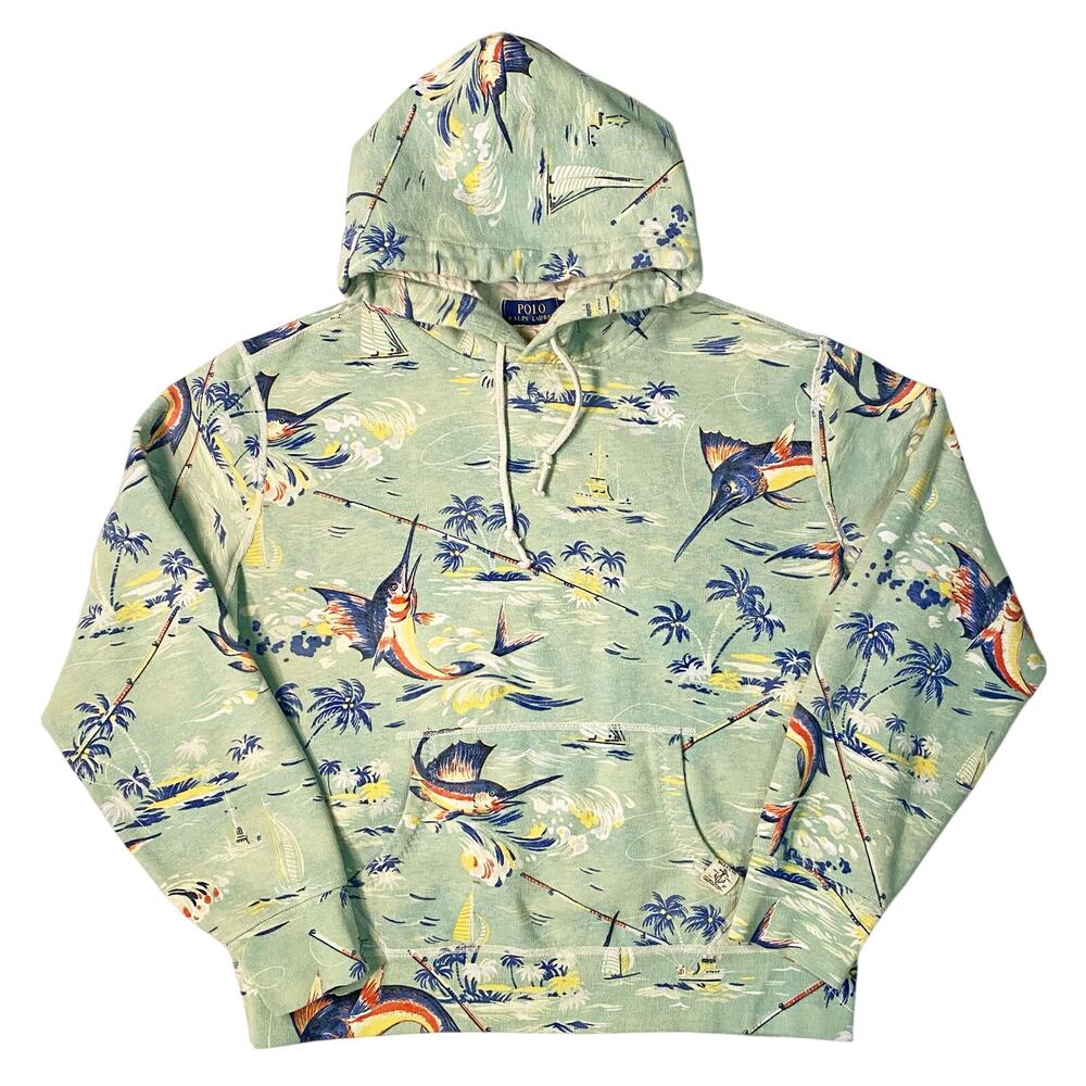 Polo Ralph Lauren Hawaiian Marlin Fish All-Over Print Hoodie Men's Size Large